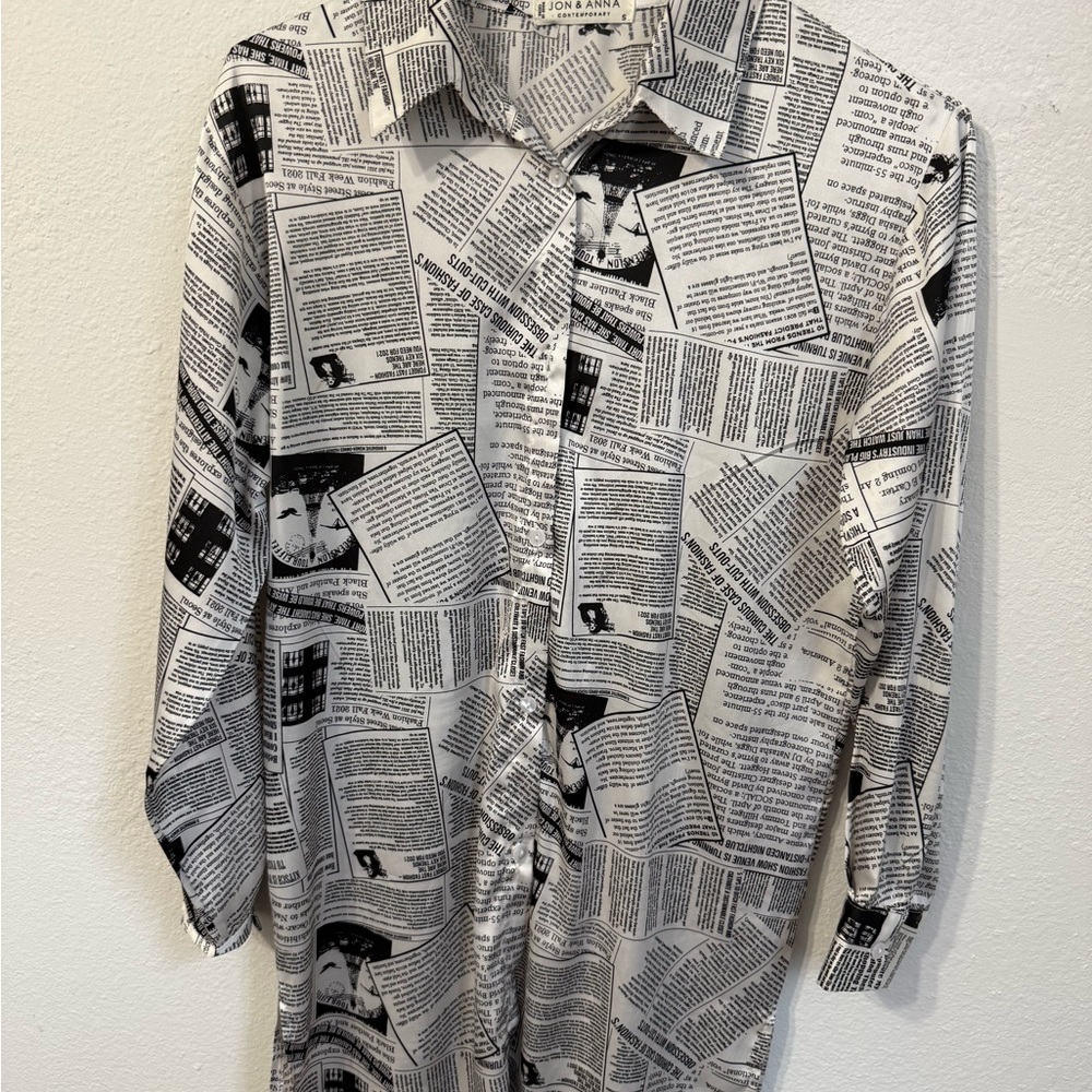 Jon & Anna Silky Newspaper Print Blouse size small
